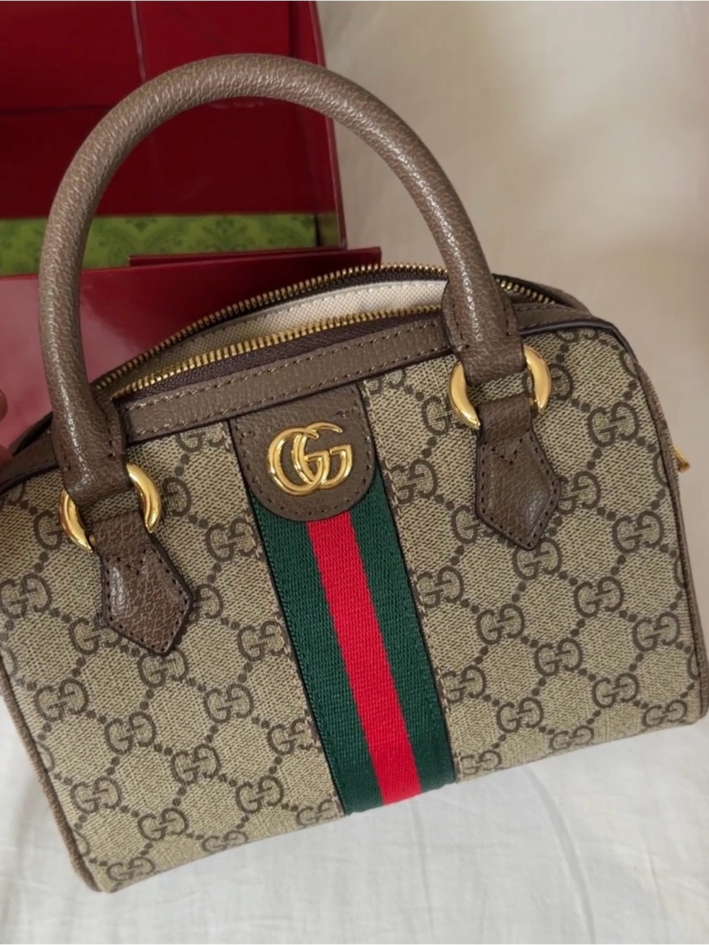 Gucci Beige GG Supreme Satchel with Green/Red Web and Brown Trim